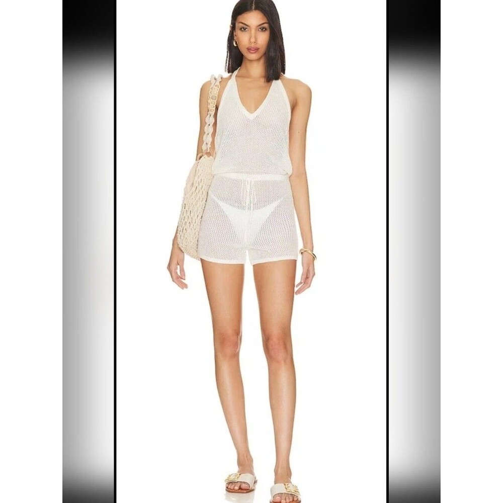 Lovers + Friends Hania Romper Cream White Crochet Knit Halter Romper M Medium